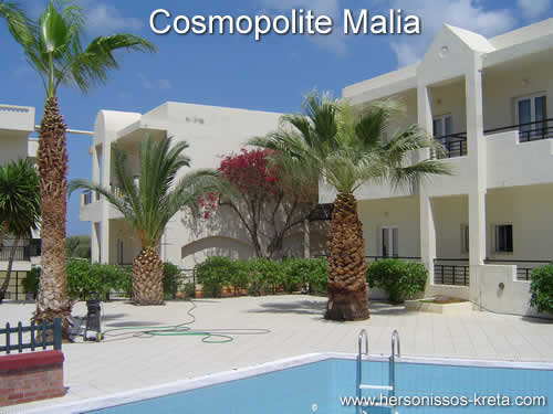 cosmopolite Malia, appartementen complex aan de hoofdstraat van Malia. Zandstranden op enige afstand. Geen last van het Malia nachtleven.