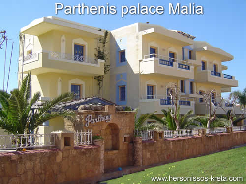 Parthenis palace malia crete, beautiful surroundings, gardens. Bookingsinformation, pictures and description of the apartments.