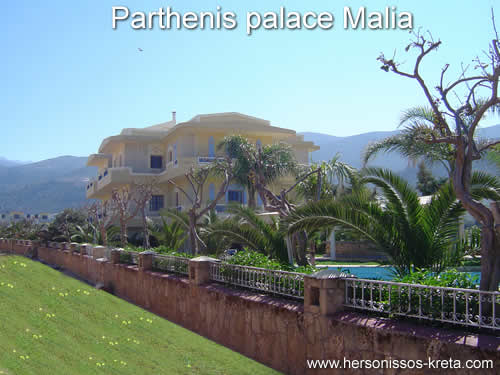 Parthenis palace malia crete, beautiful surroundings, gardens. Bookingsinformation, pictures and description of the apartments.